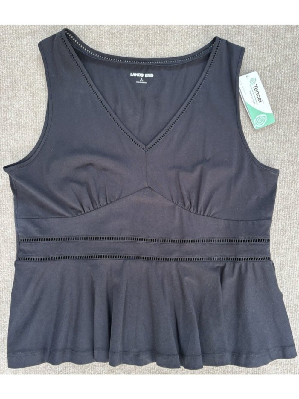 Lands End Women's Large Sleeveless Peplum Top V-Neckline Black Tencel NWT